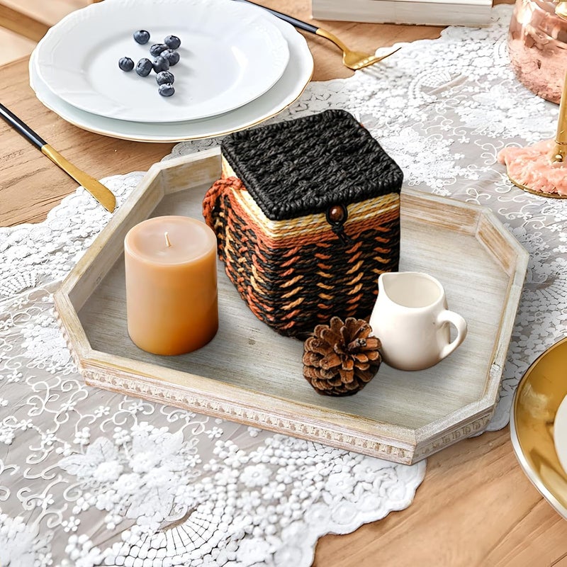 CEDARLUX Wooden Decorative Tray, Rustic Serving Tray with Wood Bead, Farmhouse Big Tray for Ottoman, Countertop, Coffee Tabl, 16.5" x 13"x 1.6" (White Washed) - Image 4